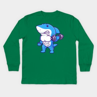 Cute Shark Lifting Dumbblle Cartoon Kids Long Sleeve T-Shirt